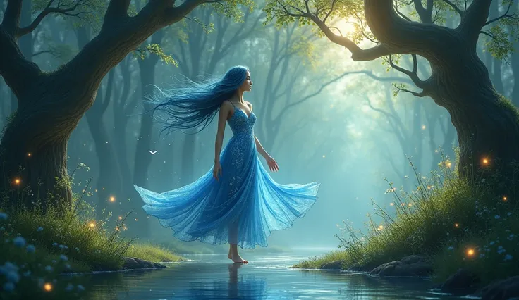  A gracefully-looking young woman walks through an enchanted forest . Her long blue hair ,  shining softly like a river the moonlight ,  dances to the rhythm of the wind .  Wearing an ethereal blue dress ,  delicately decorated with patterns that resemble ...