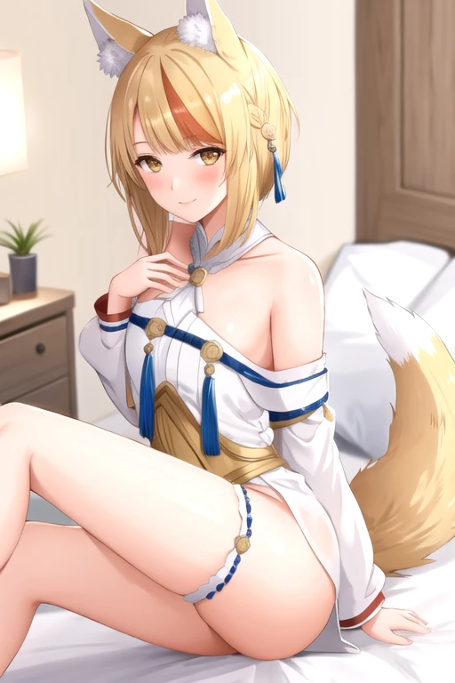 selkie fe, 1girl, solo, looking at viewer, blush, smile, on bed, thick thighs, naked, blonde hair, red highlight, dynamic angle