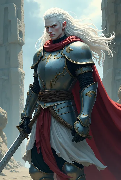 Anime style. Man with pale white skin. White hair. Brown medieval armor. Long sword. 