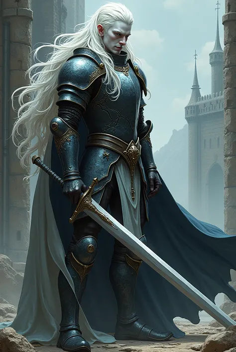 Anime style. Man with pale white skin. White hair. Brown medieval armor. Long sword. 