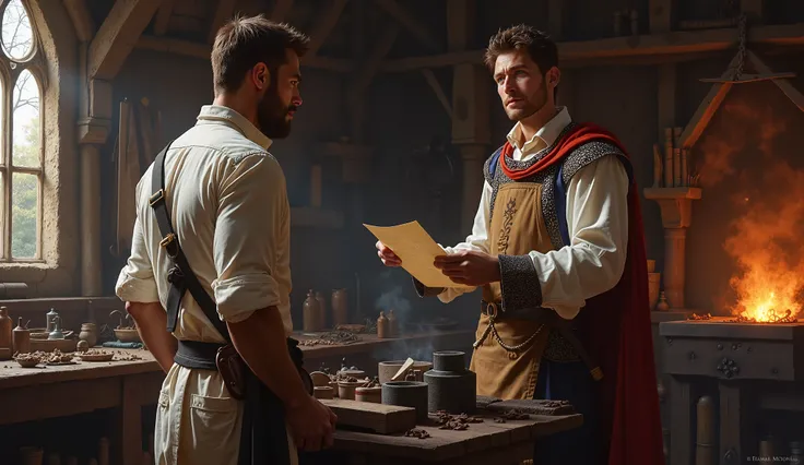 a royal messenger, dressed in royal garb, holding a letter in his hand, talking to the 1man, masterpiece, athletic build, brown hair and blue eyes, no beard, dressed in a commoners shirt and pants, wearing a blacksmith Apron, inside the blacksmith shack, h...