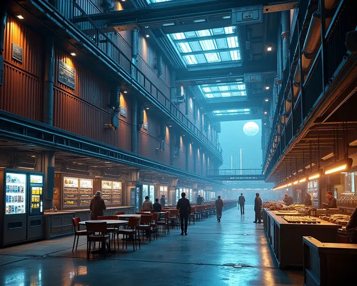 A futuristic interior of a space station designed for trade and commerce. Stacks of glowing cargo containers line the walls, with digital labels and robotic cranes transporting goods. Massive windows reveal the blackness of space, with a nearby planet visi...