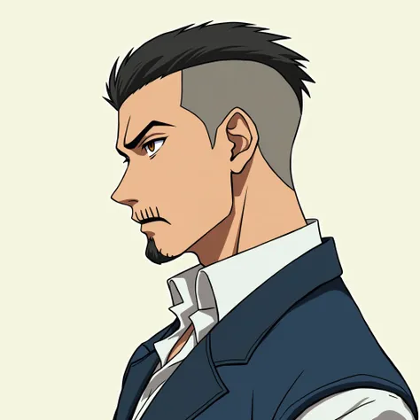 a man on profile with black shaved hair, brown eyes, with vertical scar on the lips, wearing a blue and white sergio tacchinie blazer. In anime style