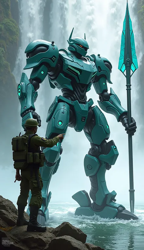 A mech inspired by the powerful rivers and wildlife of Venezuela, with sleek armor resembling flowing water and glowing aqua-blue energy cores. The mech wields a spear-like weapon adorned with fish scale patterns. It stands beside the cascading waters of A...