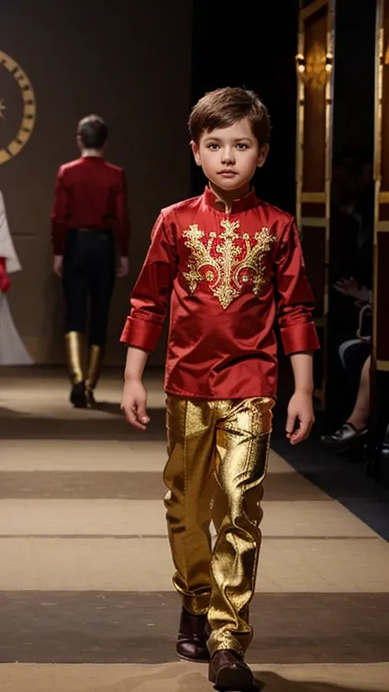 "A baby boy wearing a traditional Russian kosovorotka, a red shirt with intricate gold embroidery, and dark trousers, walking happily down a fashion catwalk. The atmosphere is warm, with subtle decorations inspired by Russian folklore."