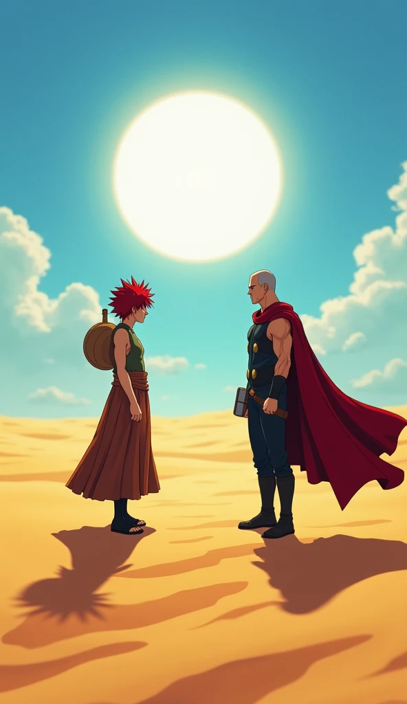 In the vast expanse of the **desert**, **Gaara** and **Thor** stand facing each other, their powerful silhouettes contrasting against the endless sea of golden sand and a clear blue sky. The sun blazes overhead, casting sharp shadows that highlight Gaaras ...