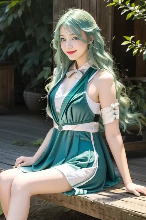 Woman, long green hair, beauty, blue eyes, big breats, sexy, delgada, dress short, legs, escote, smile, in nature