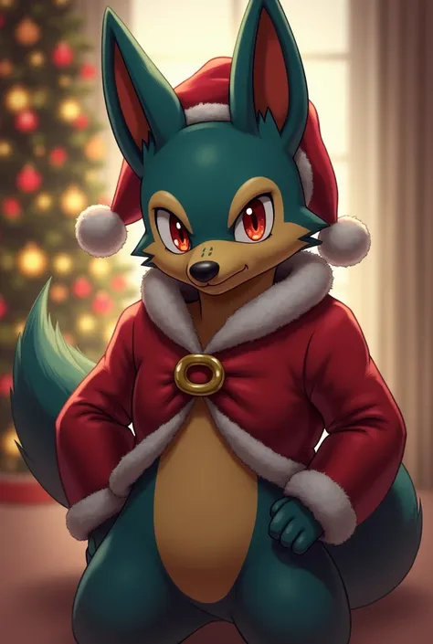  A Lucario Futanari ,  wearing Christmas clothes ,  your member looked tight in his clothes, your member was fat ,  would be smiling nervously ,  looking away , 