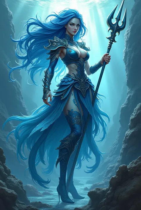 Anime style. Female. Aquatic warrior with a trident. Blue skin tone. Clothes made of sea life. Long blue hair that looks like water. Fierce personality. Blue eyes