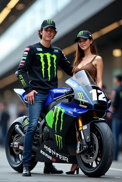 Livery MotoGP Number 12  (black)  striped blue metallic white Monster Energy 2024 racing motorcycle, 27-year-old Indonesian handsome man Standing wearing 12 basketball caps, koas Sweater , and beautiful woman wearing sexy dress brown jeans 