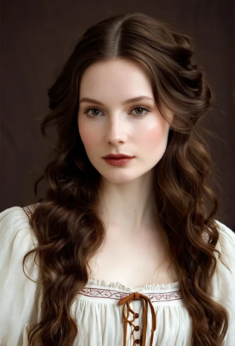 Create a woman with a white skin., wearing a peasant dress, long, wavy, brown hair 