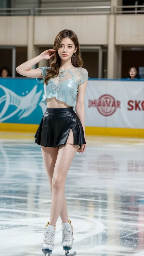 (8k, best quality:1.3), (extremely detailed:1.2), perfect anatomy, beautiful Japanese woman, 18 years old, healthy thighs, beautiful legs, beautiful skin, random hair color, random hairstyle, large breasts, (she is standing:1.2), female figure skater, figu...