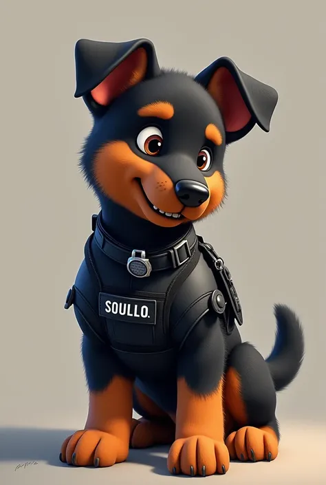  Generate a Belgian shepherd dog Milanois baby with black fur  , That his nose  ,  legs and brown tail and with a tactical police suit that has a collar that says "Sorullo "  y in an animated way .