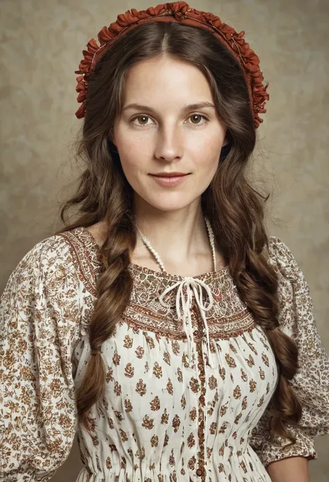 Create a woman with a white skin, wearing a peasant dress, long, wavy, brown hair 