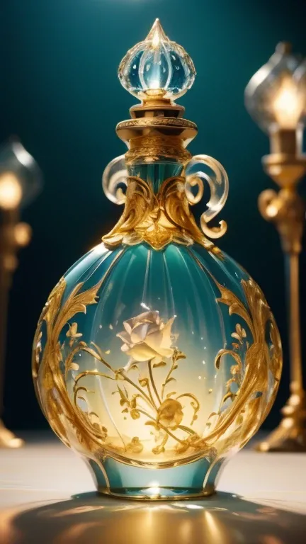  Beautiful venetian glass perfume bottle 　 A masterpiece　  High Quality  　High Precision、 Gold silhouette 、 Yellow Background　Lots of blue colored roses scattered 　、 Retro lighting like a professional photographers movie　Bottle Design  、  Delicate Design  ...