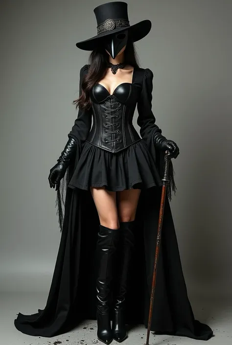 doctor costume, Black Death woman ,  in corset and short dress , cane ,  black gloves and hat.  that wears the mask!!! Bird-billed . to wear the hat !  and to wear a long but pompous skirt with black boots