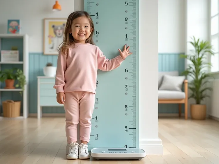 ((Masterpiece)), ((ultra-detailed, 8k quality)), ((photo-realistic)), a professional, realistic photograph of a preschool  standing next to a height chart and a digital scale in a well-lit, clean environment. The , aged 4-5, is smiling naturally, wearing c...