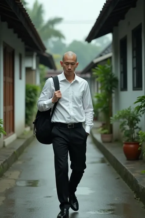 Japanese male, 20 years old, black bald head,A white long-sleeved formal shirt that is not neat,black formal trousers,black formal loafers,Black backpack,Front view, walking, camera zoom from bottom to top,The background is a simple small alley typical of ...