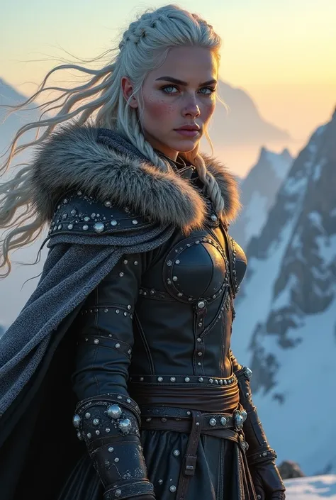 A hyper-realistic scene of a Frostborne warrior woman standing tall on a high mountain ridge. Her platinum blonde hair, styled into warrior braids, flows freely in the cold wind. She has lightly freckled skin, flushed by the cold, with visible frost crysta...