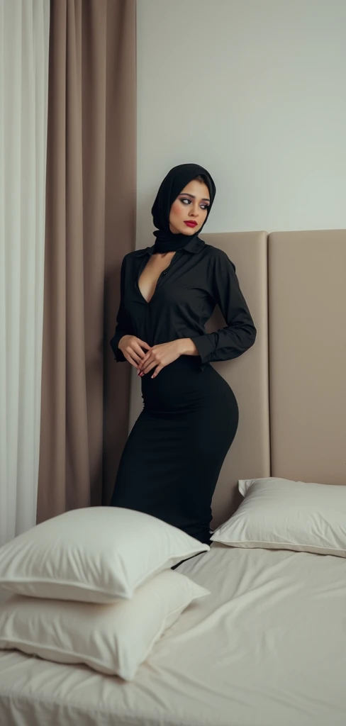  Beautiful 30 Years Old Hijab, weak,  heavy makeup ,  Eyeshadow ,  Buttons Open Shirt ,  Pencil Skirt , cleavage ,  Bedroom ,  Private Room ,  Erotic Atmosphere , Sexy Pose ,  Office Outfit 