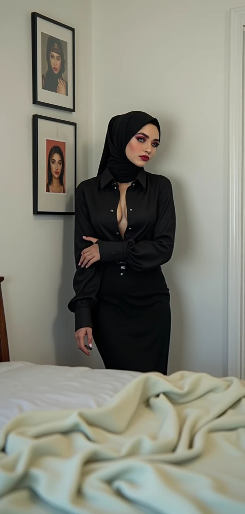  Beautiful 30 Years Old Hijab, weak,  heavy makeup ,  Eyeshadow ,  Buttons Open Shirt ,  Pencil Skirt , cleavage ,  Bedroom ,  Private Room ,  Erotic Atmosphere , Sexy Pose ,  Office Outfit 