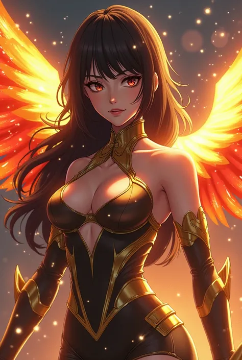   Create a girl with an appearance similar to Hawks and Aizawa from My Hero Academy,   that has golden wings and sparkles  , but she also has a red one  ,  and has long black hair with reddish and white sparkles .  That she looks powerful and has Katsuki B...