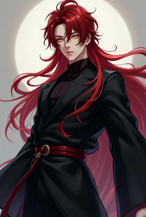 Full body image,handsome  protagonist xianxia,long dark crimson red hair and golden amber eyes,cold face ((no smile)),using black combination color,simple clothes,ultra hd, 24K ultra hd,better quality, masterpiece