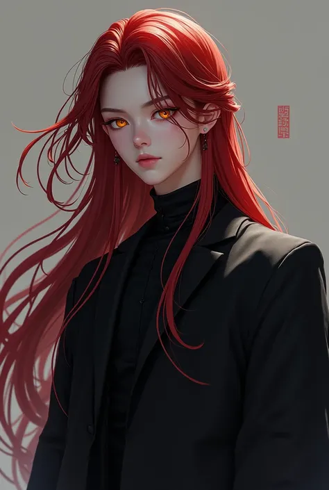 Full body image,handsome  protagonist xianxia,long dark crimson red hair and golden amber eyes,cold face ((no smile)),using black combination color,simple clothes,ultra hd, 24K ultra hd,better quality, masterpiece