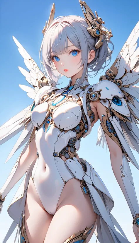 A mechanical girl , Beautiful, cute and sexy. She has Large symmetrical mechanical wings on her both shoulders. stylish pose, Detailed description, intricate eyes, alluring lips, minimal clothing that conceals the body, high quality, masterpiece, simple ba...