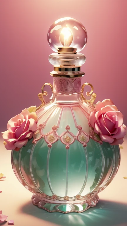  Beautiful venetian glass perfume bottle 　 A masterpiece　  High Quality  　High Precision、 pink silhouette、 Green background　Lots of white roses scattered 　、 retro lighting like a professional photographers movie　Bottle Design  、  Delicate Design  、Rococo