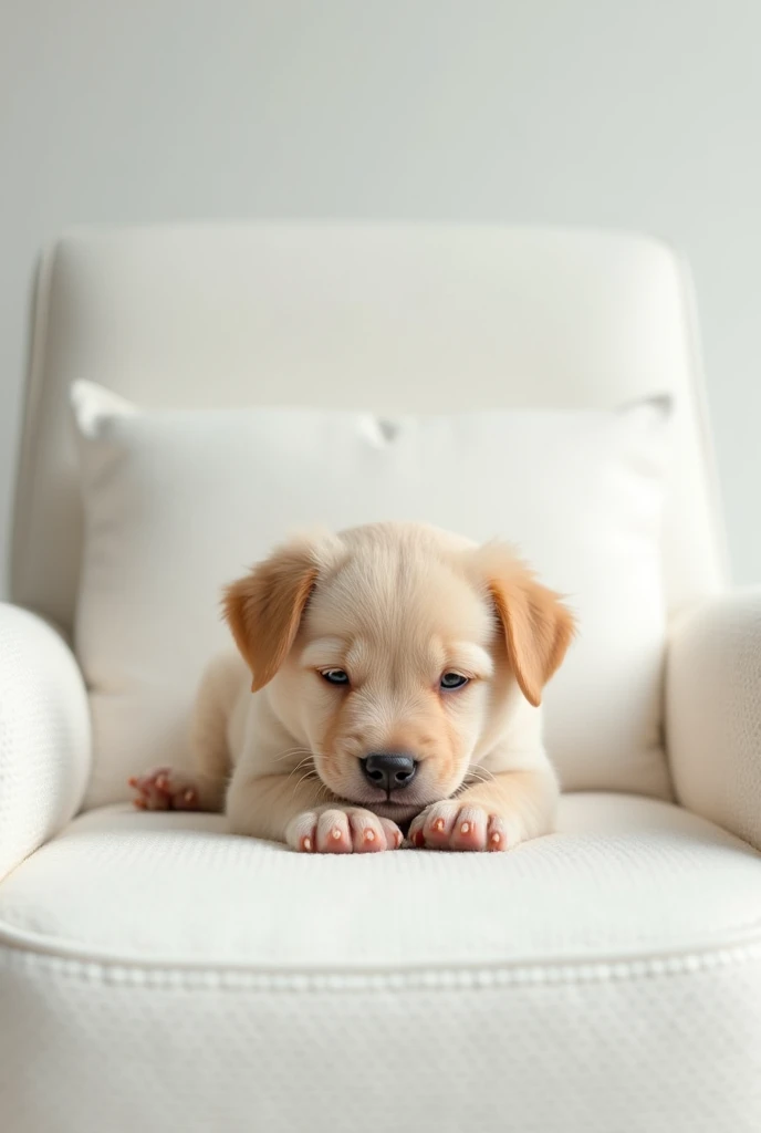 A 1-month-old puppy lying on a pristine white couch, with soft, fluffy fur and a relaxed, adorable expression. The couch is minimalist and clean, creating a cozy and serene atmosphere. The puppy is the center of attention, with natural lighting highlightin...