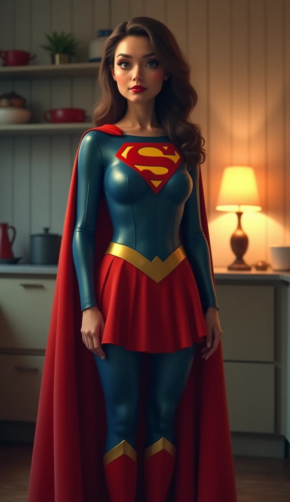 (photorealism: 1.2), a young mother around the age of 35 wearing a super woman costume is standing in the kitchen lighting like night with a dark lamp.  The background is in a clean and comfortable kitchen . shooting style zoom out from a distance . Style ...