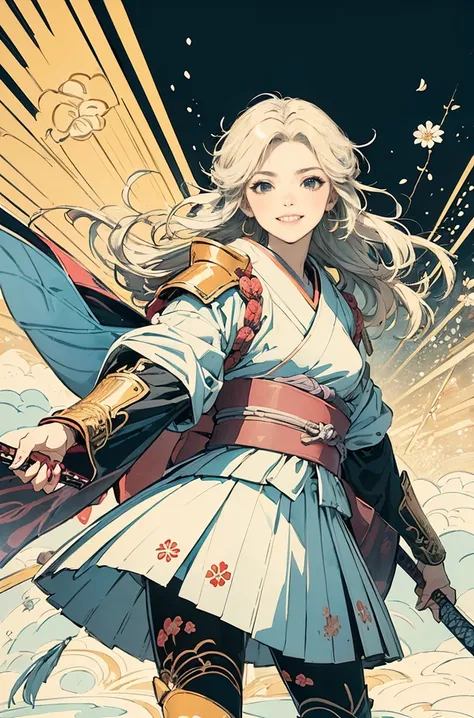 (((Holding a Samurai Sword))), (Pop Art, Flat Color, Ukiyo-e Style, (Top Quality, Masterpiece, Super High Resolution, Super Detailed: 1.2), A vivid and colorful illustration of an anime-style female knight character with short blonde wavy hair. She is dres...