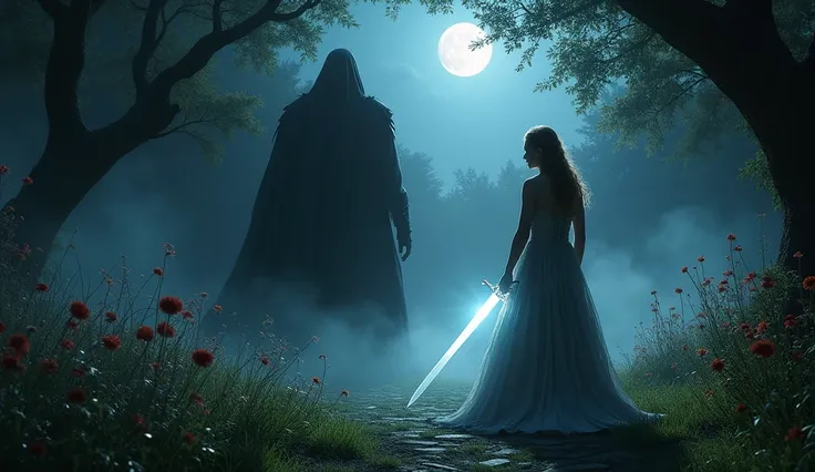 The garden darkens as a shadowy figure emerges, shrouded in mist. Lyra steps closer to Alaric for protection, her silver gown glowing softly. Alaric draws a shining sword, its light contrasting against the darkness. The flowers around them flicker as if tr...