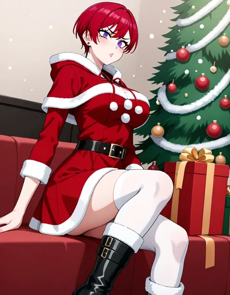 1girl, solo, masterpiece, best quality, (anime art style:1.0), round breasts, pixie cut, red hair, stud earrings, red Christmas hoodie dress, dark circles under her eyes, soft pink lips, holding out a Christmas present tied with a red ribbon, black platfor...