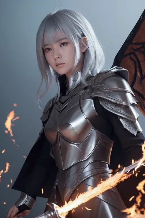 ((  ultra-fine illustration  , 8k,   masterpiece   :1.2,  sharp concentration :1.2,  depth of field:1.2)), Beautiful Swordsman,  absurd,  high definition face and skin texture,  Silver Hair, Jet Black Armor, Flame Armor, Cloak on Fire, Flaming Sword, Wings...