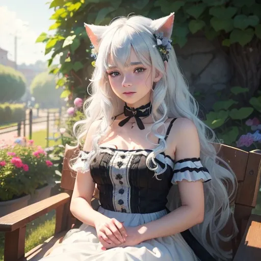 (best quality,4k,8k,highres,masterpiece:1.2), ultra-detailed, realistic:1.37, young solo girl, detailed blue eyes, cat ears,cat tail, freckles, cute, white hair, long wavy hair,vibrant colors, soft lighting, in flower garden, wearing a black and white dres...