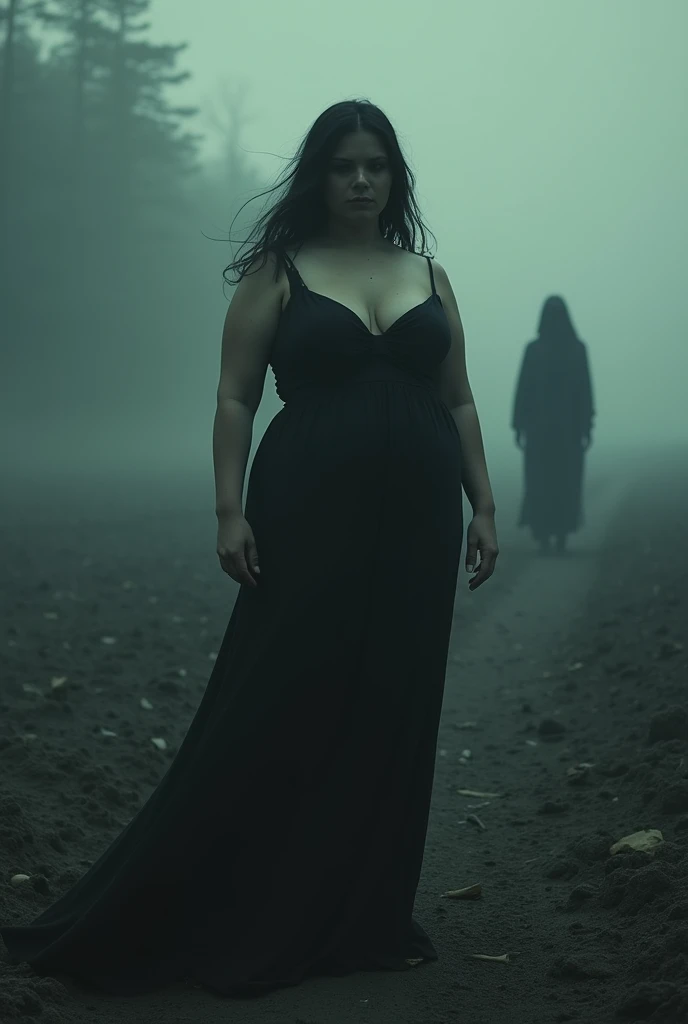 Full body shot of a beautiful female with a curvy voluptuous thick body and large full natural breasts, a shadow figure in an afterlife wasteland