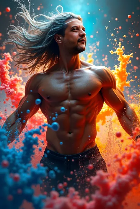 A full-body depiction of a striking 40-year-old Egyptian man with an athletic yet artistically exaggerated physique, characterized by broad shoulders and strong proportions. He floats effortlessly amidst a surreal, dynamic environment of vibrant, flowing i...