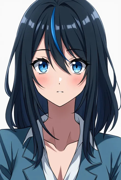 Young woman, medium-long hair (black hair with blue streaks), light blue eyes, diamond-shaped face with a good physique, very pale skin and Nordic features, with a serious expression on her face (with a sexy expression on her face) (anime style my hero aca...