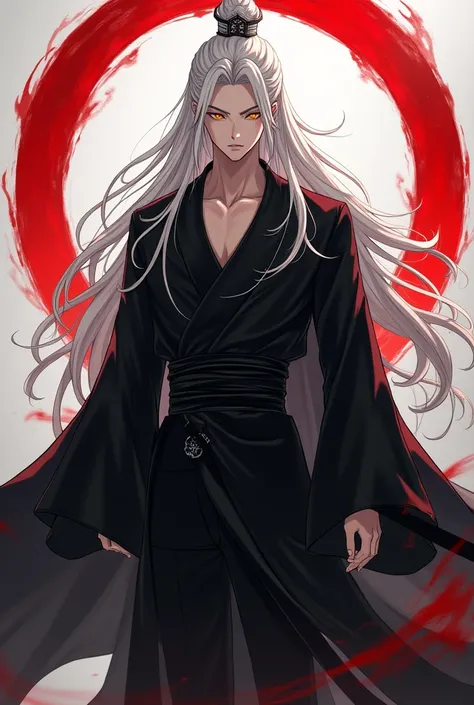 Full body image,handsome  protagonist xianxia,long silver hair and golden amber eyes,cold face ((no smile)),using black combination color,((red divine halo circle at back))((god halo circle style)),simple clothes,ultra hd, 24K ultra hd,better quality, mast...