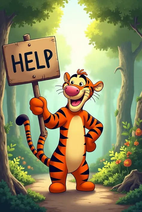 Tigger with a sign marked Help