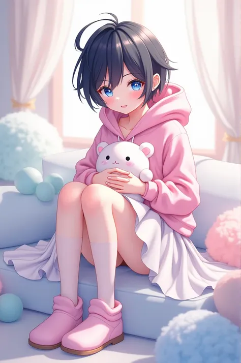 Cute anime boy with black hair and blue eyes, wearing a pink hoodie, white skirt, pink thigh high socks, and fluffy shoes. Holding a plushie sitting down