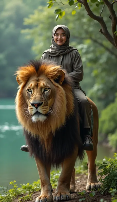 Seorang wanita berhijab original orang Asia , smiling riding a lion with a large body and thick fur , background in a beautiful lakeside forest ,photo HD ,original , Photography profesional