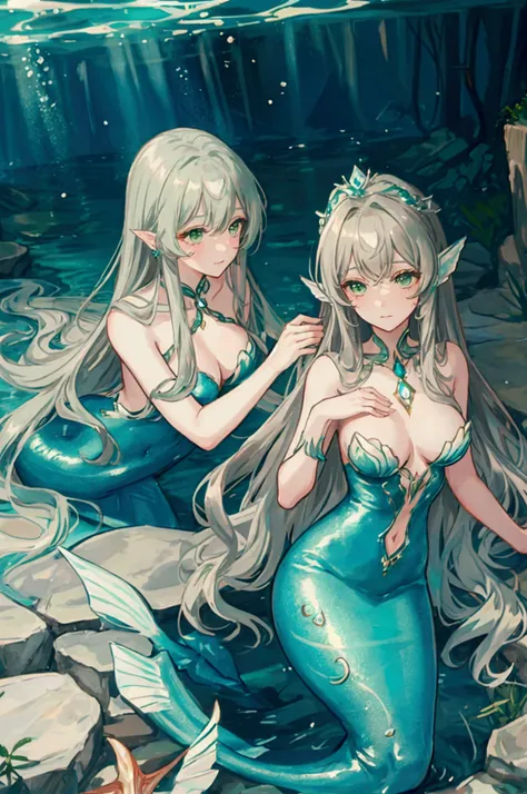 a beautiful stunning mermaid underwater; Brown long hair green eyes, silver tail 