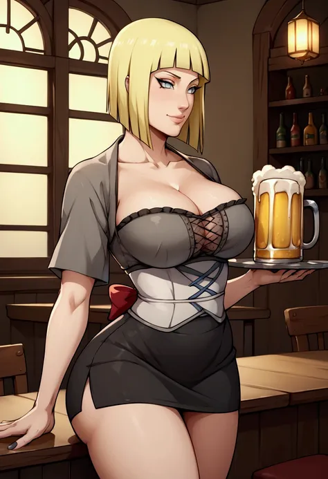 White skinned woman Blonde, Samui, Samui from naruto, samui outfit, 1girls adult adult  teenager, milf, score_9, score_8_up, score_7_up, score_6_up BREAK , y girl, furry zebra on Furry bat, white girl, barmaid beer beer mug beverage big breasts big butt bo...