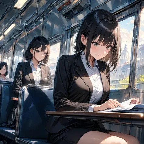 (masterpiece:1.2), high quality, high resolution, attention to detail, 4K, 8K, illustrative realism, dazzling sunlight, 1woman is sitting on a train seat, train have long horizontal seats along the walls, reading documents with a focused expression, angle ...