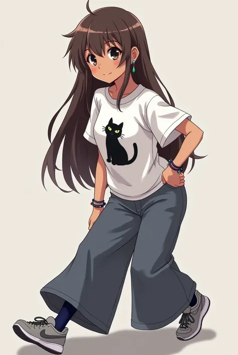 girl anime, age s,  BROWN SKIN TONE,  long brown hair ,  a mole on her right cheek ,  black eyes ,  a white shirt and that you can see the shots of the bra,  that has a black cat drawn on the shirt , wide long pants, gray sports shoe ,  has dark blue tight...