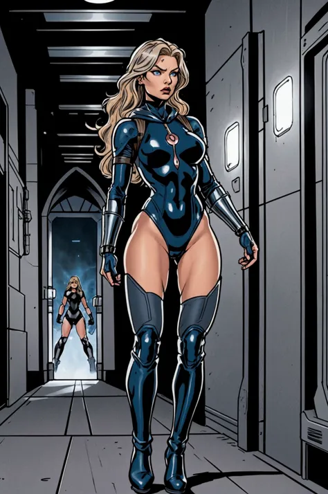 An adult woman in her forties, with peach skin and a sizable bust with long blonde hair, dark blue eyes, walks through a misty alien spaceship hallway wearing a black and blue one-piece leotard bodysuit with,  fingerless gloves silver bracers, and a short ...