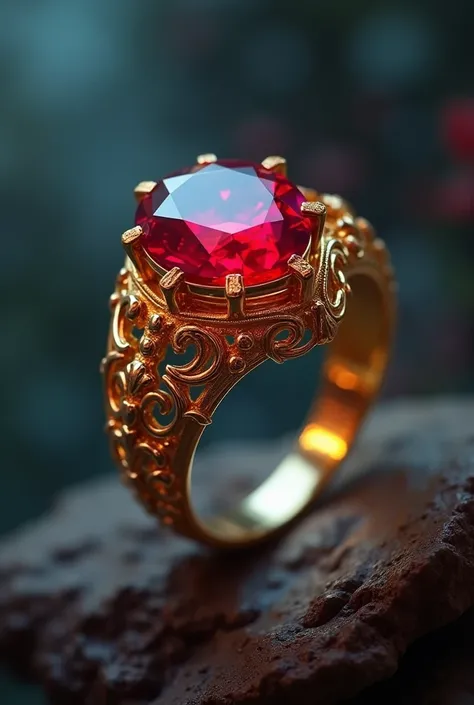 A magical jewel that is a gold ring with a red gem in the shape of a heart with an engraving 